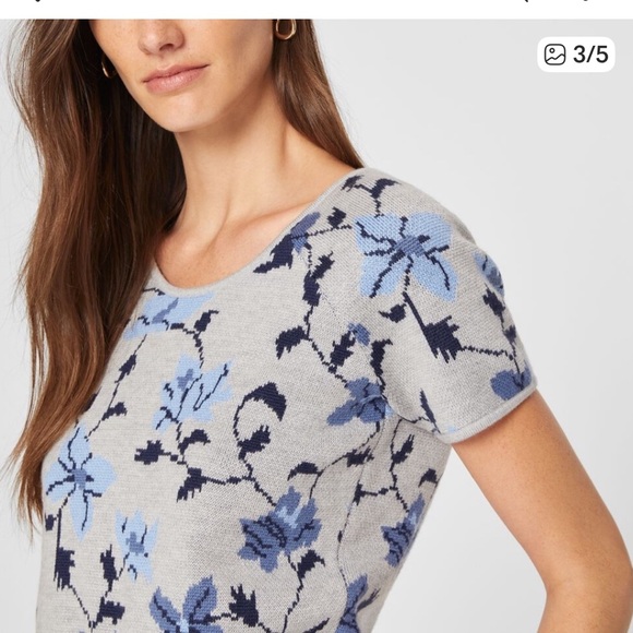Club Monaco Floral  Wool Knit Short Sleeve Top Gray Blue Size L - Casual Spring - Picture 3 of 9